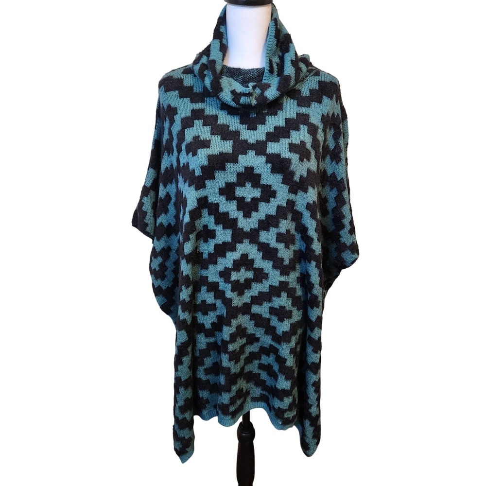 Grace & Lace‎ Teal & Black Cowl Neck Geometric Pattern Poncho OS